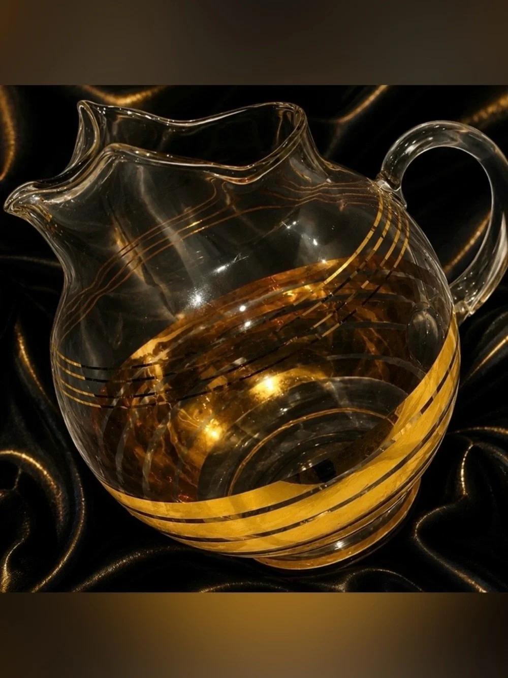 Antique Fine Art Clear Glass REAL 22k GOLD Original Vintage PITCHER Striped Deco
